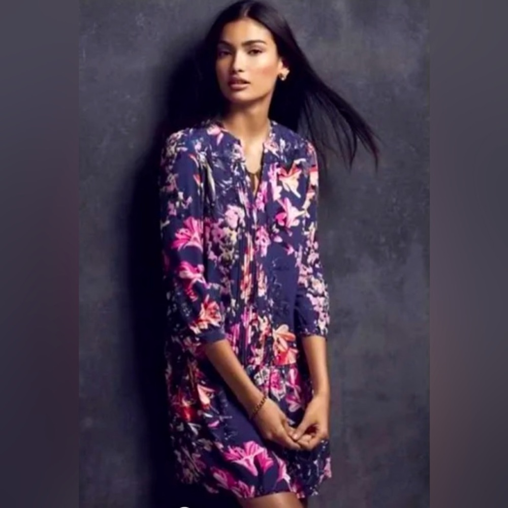 Anthropologie Maeve Caravane Tunic Mini Dress Navy Floral Pintuck & Quilt Detail